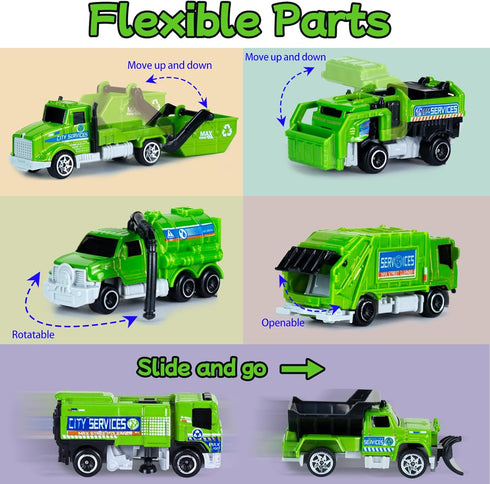6 Pack Set, 3-7 8 Diecast Garbage Truck Toys for Kids, Mini Alloy Sanitation Truck Toy Recycling Sanitation Trucks