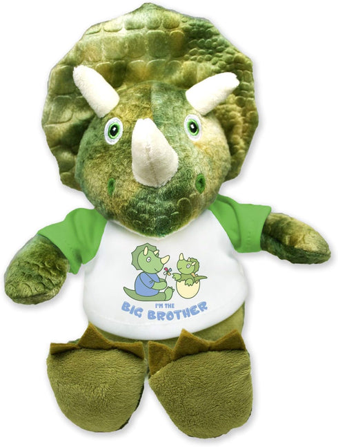 Flutter Hut I'm The Big Brother T-Shirt, Green Triceratops Plush Dinosaur Message, 8 Inches