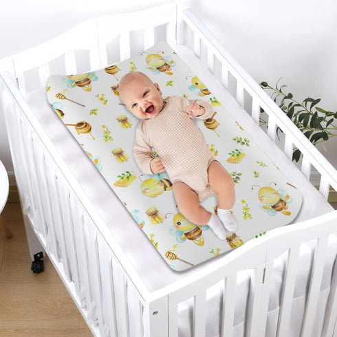 Cartoon Bees Boho Leaves Honey Changing Pad Covers for Baby Boy Girl 32''x16'' - Retro Floral Fitted Sheets for Diaper