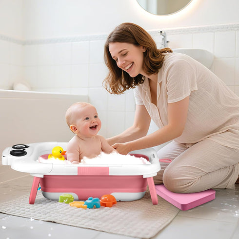 LAUJIA Pink Foldable Baby Bathtub with Cushion & Kneeling Pad, Large Infant Bath Tub with Thermometer & Support Pillow