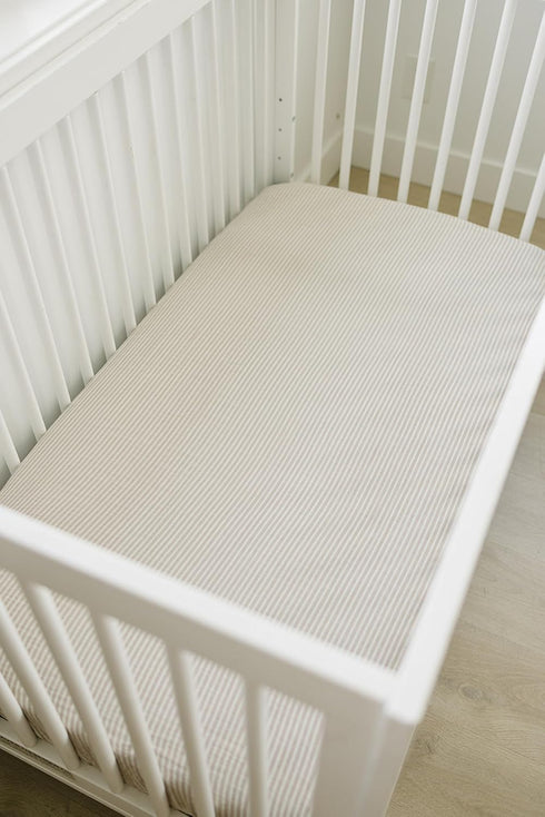 Taupe Stripe Muslin Crib Sheet by Mebie Baby, Soft and Breathable Bed Sheets for Babies, Modern Neutral Bedding