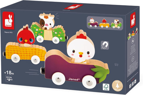Janod Farm Wooden Animal Car Train Push and Go Playset - For Ages 18 Months to 3 Years (J03316)