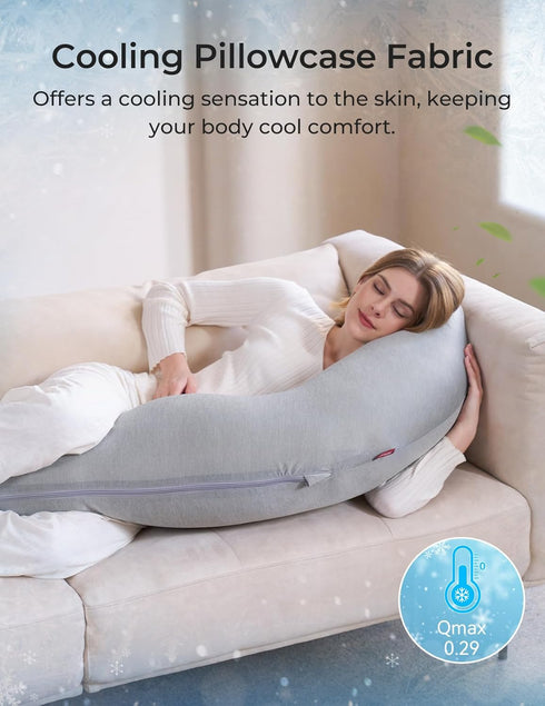 Momcozy J-Shaped Pregnancy Pillow for Sleeping with Cooling Cover Maternity Body Pillow for Pregnant Women, Side