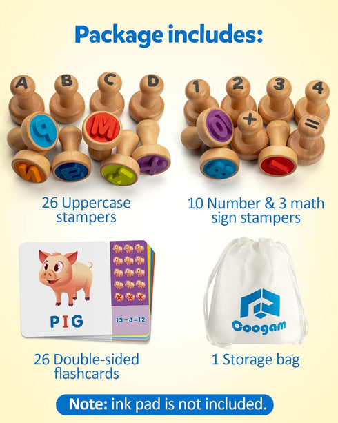 3 4 5 Coogam Wooden Alphabet Number Stamp Flashcard, ABC Spelling Letter Stampers and Mathematics Learning Number