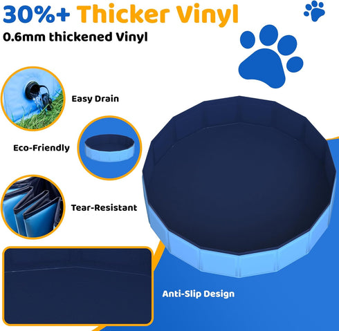 CACSPS 39.5" 12" x Foldable Dog Pool - Collapsible Hard Plastic Kiddie Pool for Dogs & Kids, Non-Slip Pet Bath Tub