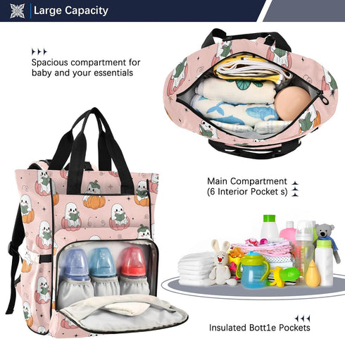 Emelivor Backpack Halloween Ghost Pumpkin Pink Diaper Bag Large Capacity with Insulated Pockets Baby Bag Diaper Bags
