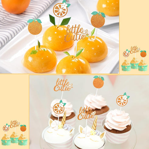 Zonon 48 Pieces Little Cutie Glitter Cupcake Toppers - Baby Shower Decorations - Tangerine Theme Citrus Cake Topper