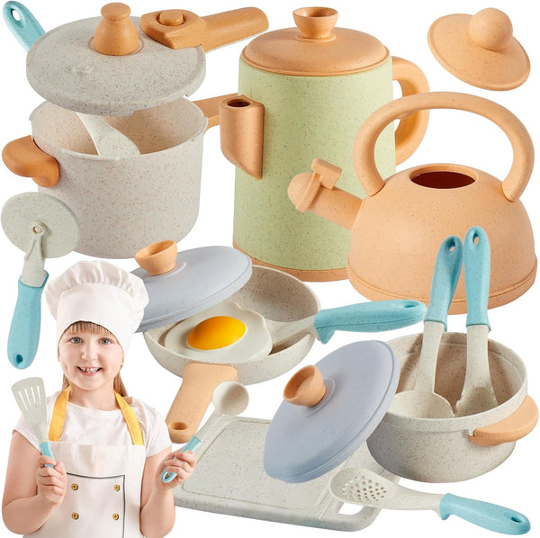 BUYGER Pretend Play Kitchen Accessories Set, Cookware Pots and Pans Cooking Utensils Playset for Kids