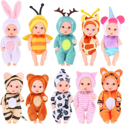 Vueos 10 4 Inch Playset Set 3+ Pcs Mini Baby Dolls Lifelike Realistic Baby Dolls with Handmade Animal Clothes Cute