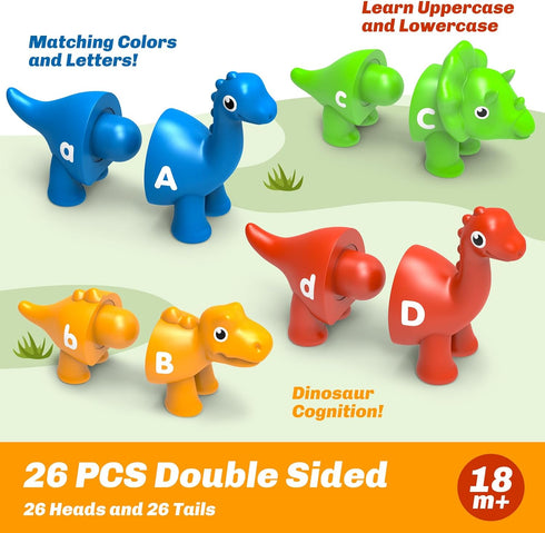 26PCS 3-5, Dinosaur Alphabet Learning Toys for Kids Ages Double-Sided ABC Matching Game with Uppercase Lowercase
