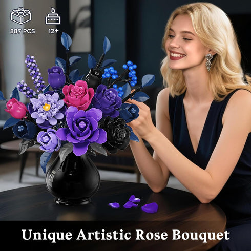 Set 17 887PCS HiWEEGO Flowers Bouquet Building with LED Light - Artificial Flowers Toy, Purple Roses Botanical