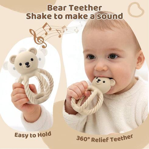 3Pcs Set 3-12 Baby Silicone Teether Toy - Food-Grade Silicone Teething Relief Toys,Wooden Ring Teether Cute Bear Toy