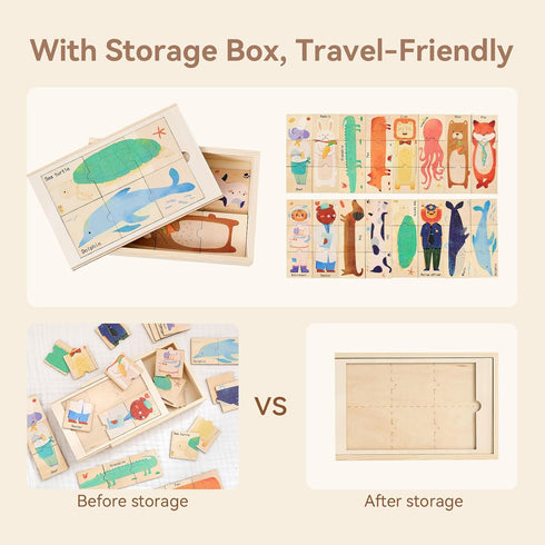 3+, Wooden Animal & Career Matching Puzzles for Ages Chunky Pieces with Storage Box, Montessori Preschool Learning Toy