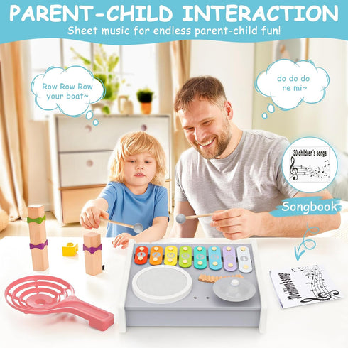Set 5 1 Kids Musical Instruments Piano Drum - in Montessori Toys for Toddler Baby, Wooden Music Kit with Piano Keyboard