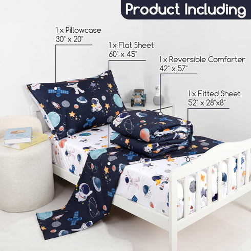 4 Set, Sets Piece Toddler Bedding Ultra Soft and Breathable Cartoon Space Toddler Comforter for Boys Includes Quilted