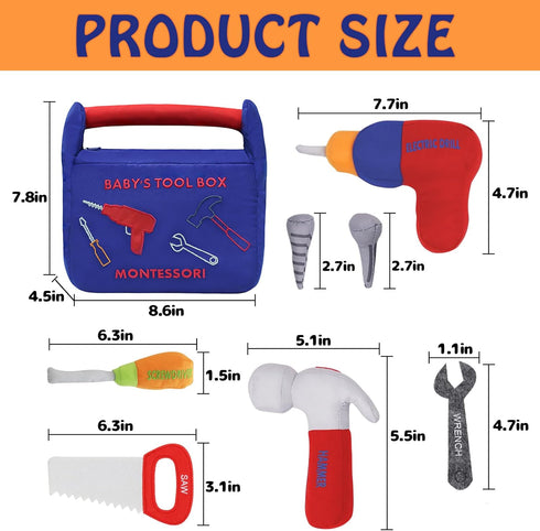 10-Piece Playset, Hammer, My First Tool Box Baby, Soft Plush Sensory Baby Tool with Electric Drill, Saw, Wrench