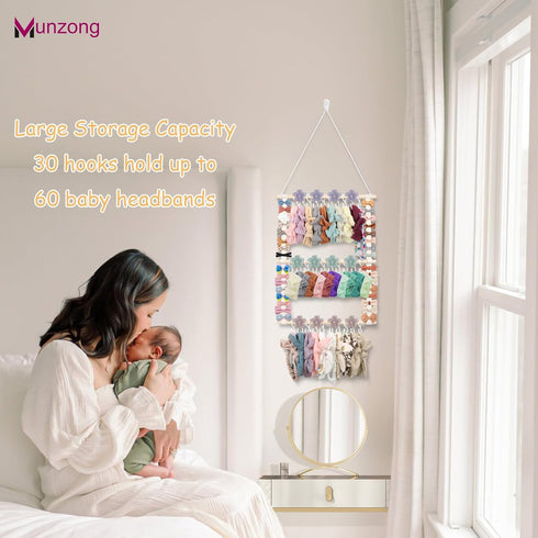 30 15x20inch Munzong Headband Holder,Beige Bow Organizer for Baby Girls, Nursery Wall Hanging Clip Storage w/ Hooks