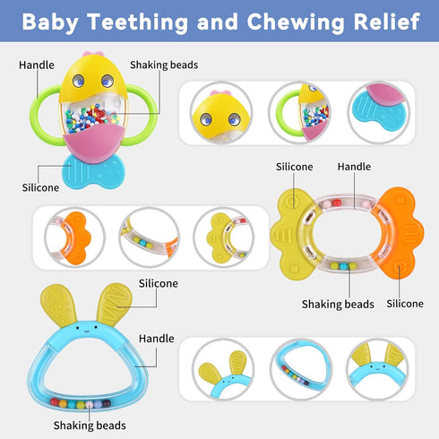 MOONTOY Baby Rattles Teether Set, 9PCS Sensory Toys for 0-12 Month Old Baby Boy Girl, Early Development Gifts