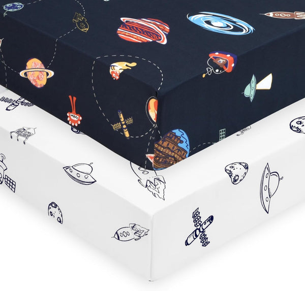 PHF Soft Space Crib Sheet Fitted, 2 Pack Silky Comfy Breathable Polyester