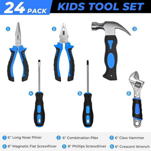 24 Set Hammer INCLY PCS Kids Real Tool with Tool Bag, Boys Small Real Hand Tools Kit, Children Construction Learning