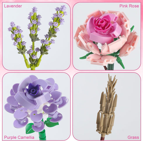 Sets 8+ 8-12 (393PCS) Chodia Flower Bouquet Building Blocks for Adults Mini Pink Rose Lavender Botanical Toys Kits