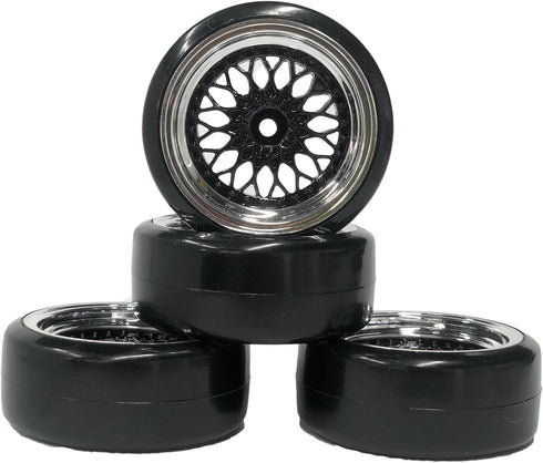 4PCS 1/10 RC Drift Car Tires, Smooth Hard Tyre Plastic Plating Wheel Rims Set for Traxxas HSP Tamiya HPI Kyosho On-Road