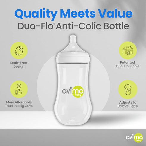 12 oz 9-12 3 (Set 6) Avima Baby Anti Colic Baby Bottles for Breastfed Babies - Fast Flow Nipples, Wide Neck Bottle, BPA
