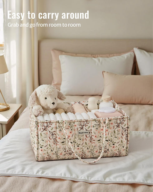 Blissful Diary Floral Diaper Caddy Organizer, Stylish Nursery Storage Basket, Diaper Bag,Gift for Baby Shower, Baby