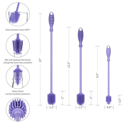3 Set, A2S A-Brush Silicone Bottle Cleaner Brush, Piece Long Handle - Water Bottle Cleaner, Baby Bottle Nipple Brush