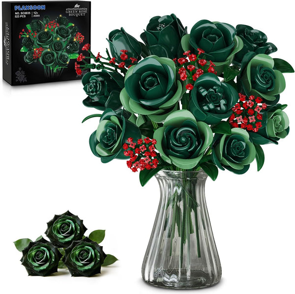 PLAXSOON Flowers Bouquet Building Set with Lights, Mother's Day 16 Green Roses