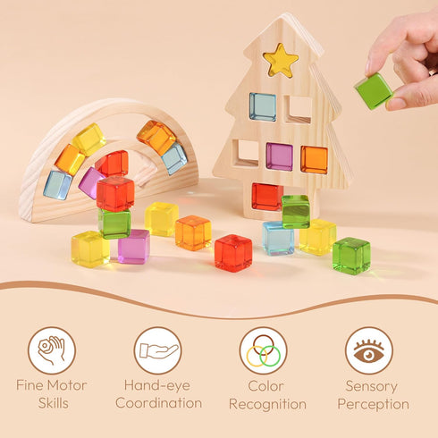 Set 24 3-6 Woodtoe Wooden Building Blocks for Kids, Rainbow & Christmas Tree Wood Frame - PCS Acrylic Gem Cubes