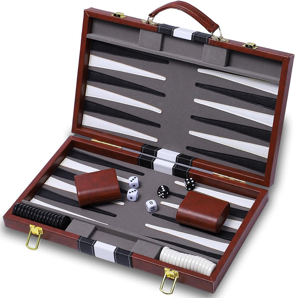 Backgammon Sets for Adults - 15 Inch Brown Classic Board Game with Premium Leather Case, Portable