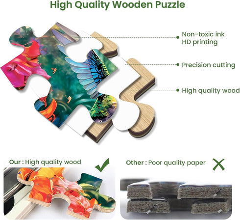 1000 Piece Puzzle for Adults - Hummingbird Garden Wooden Jigsaw Puzzles, DIY Leisure Game Toy Gift