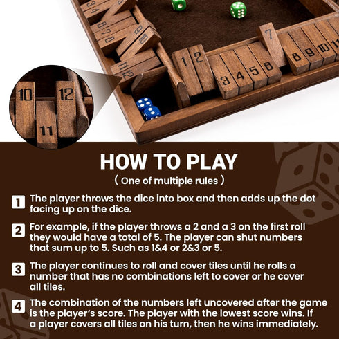 12 ropoda Shut The Box Game, Upgraded Numbers Wooden Board Games for Adult and Kids, Shut The Box Dice Game -Addition