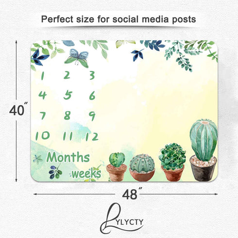 Baby Monthly Milestone Blanket, Green Cactus Butterfly Leaves, Newborn Growth Chart, 48x40 Inch