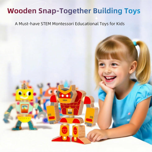 YECHISY Playset, Wooden Snap-Together Building Toys: STEM Building Blocks, Robot Take Apart Fine Motor Skill Montessori