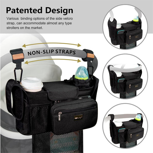 TOPDesign Universal Baby Stroller Organizer, Stroller Caddy with Detachable Mesh Bag & Heightened Insulated Cup Holders