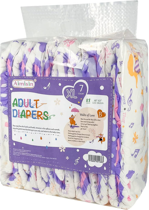 7 Adult Printed Diapers,X-Large-Fox and Bear, Pieces for Men and Women - Leak Protection Heavy Absorbency Protection