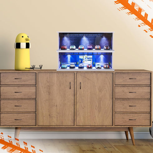 Tujoe 2 1/64 58 Pcs Display Case for Toy Car Garage with LED Light Stackable Scale Diecast Toy Cars Garage for Maximum