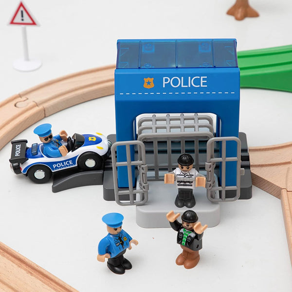 Police Station Playset Toy for Wooden Train Track, Creative City Scenes for Toddlers