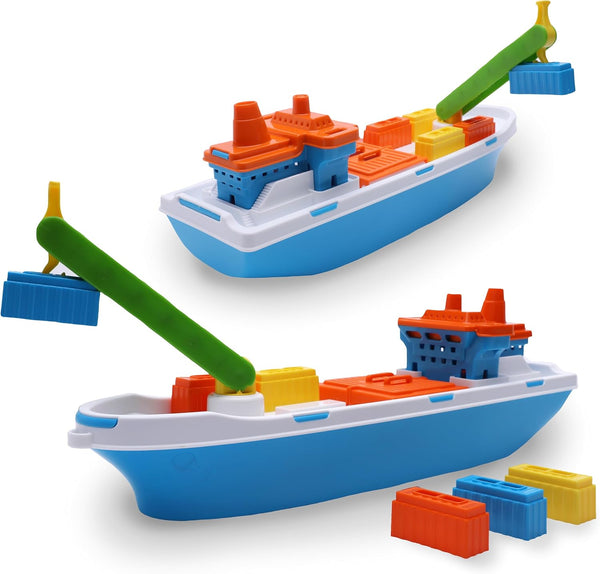 Toyland 41cm (16") Colourful Cargo Ship with Moveable Doors, Crane & 6 Plastic
