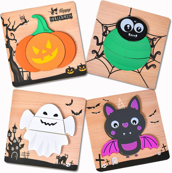 4 Pack Halloween Wooden Puzzles for Kids, Boys Girls Toddlers Halloween Jigsaw Toys for Party Favors and Treats
