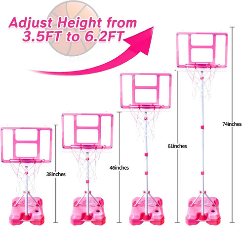 Kids Basketball Hoop with Stand, Adjustable Height 3.5FT-6.2FT, Indoor Outdoor Toys for Girls Age 3-8 (Pink)