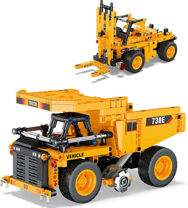 2-in-1 Construction Vehicle Building Blocks Set: Convertible Mining Dump Truck & Forklift
