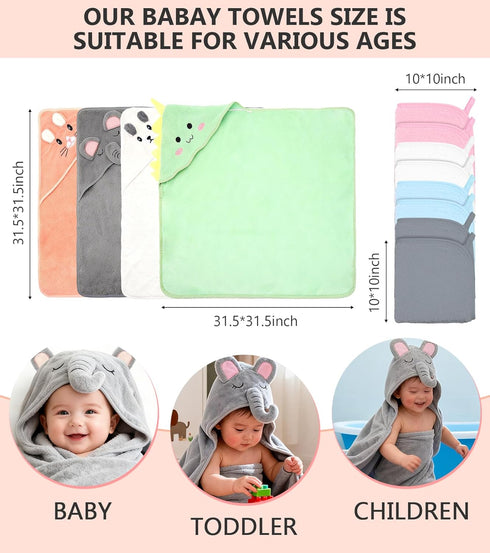 Spearlcable 12 Set 4 Pack 8 PCS Baby Bath Towels - Animal Hooded Baby Towels Robe + Soft Washcloths, Ultra Absorbent