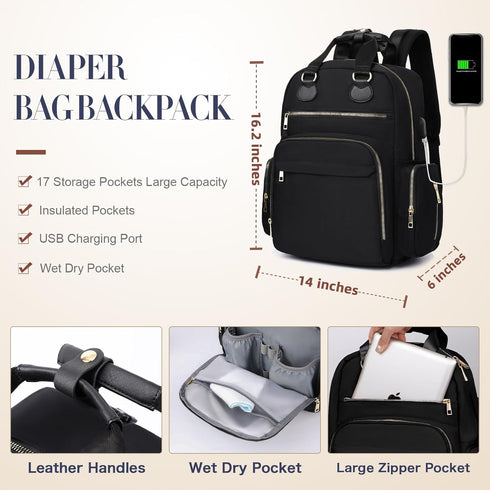 Backpack Pad,17 Diaper Bag Travel Baby Bag with Changing Pockets,Insulated Pockets,USB Charging Port,Baby Shower