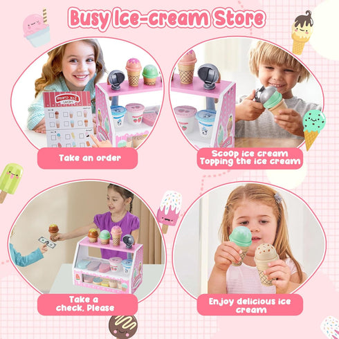 Counter Playset 3+ WHOHOLL Wooden Ice Cream for Toddler Girl Toys, Play Store Pretend Toy Food Play Kitchen Accessories