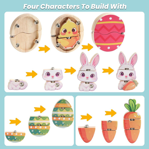 HUZU Easter Snap Builders, Easter Basket Stuffers Bunny, Carrot, Egg, Chick Wooden Puzzle Toy, Basket Essentials Take