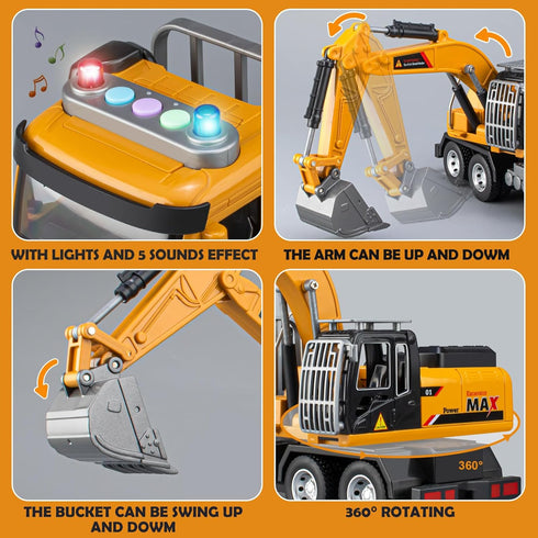 TAKGUD 3-5 10.2" Set, Excavator Toy for Boys Year Old, Digger with Lights and Sounds, Construction Site Play Excavator