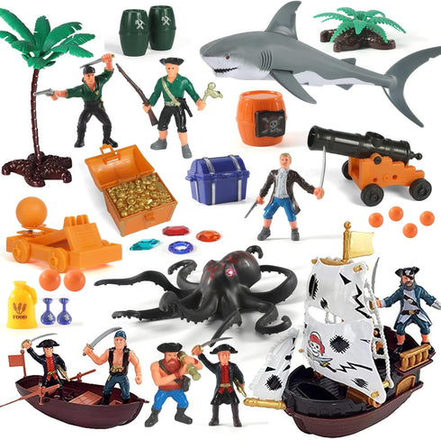 Pirate Action Figures Playset with Boat, Treasure Chest, Cannons, Shark, Pirate Ship
